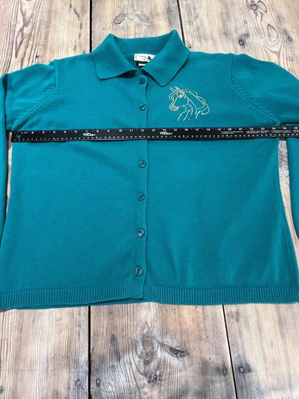 VTG Equine Art Wear Cardigan Sweater Womens 1X Teal Blue Embellished Horse